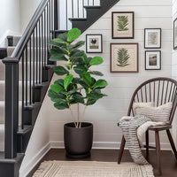 Figuier lyre artificiel Garvee de 120 cm avec pot en PP noir, idéal pour la décoration de la maison et du bureau. Design réaliste, facile d'entretien, résistant aux intempéries et en soie.