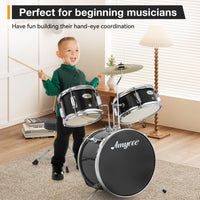 Batterie Garvee Junior 3 pièces avec cymbales, tom, grosse caisse, bois, pédale de grosse caisse, baguettes, tabouret pour chambre d'enfant, débutants, noir, 74 cm (29 pouces)
