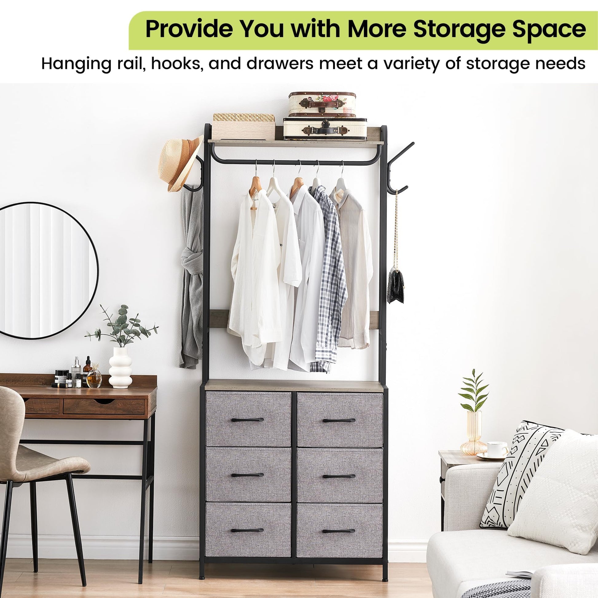 Portant à vêtements Garvee avec 4 tiroirs en tissu, structure en métal et plateau en bois, idéal pour la chambre et l'entrée. Gain de place, sûr et compact.