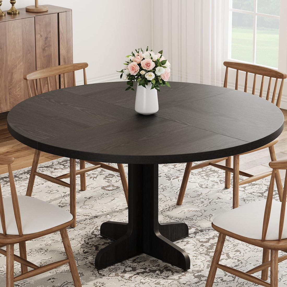 Garvee Table à manger ronde en bois 119 cm pour 4 à 6 personnes, structure robuste réglable, finition noire, idéale cuisine et salon