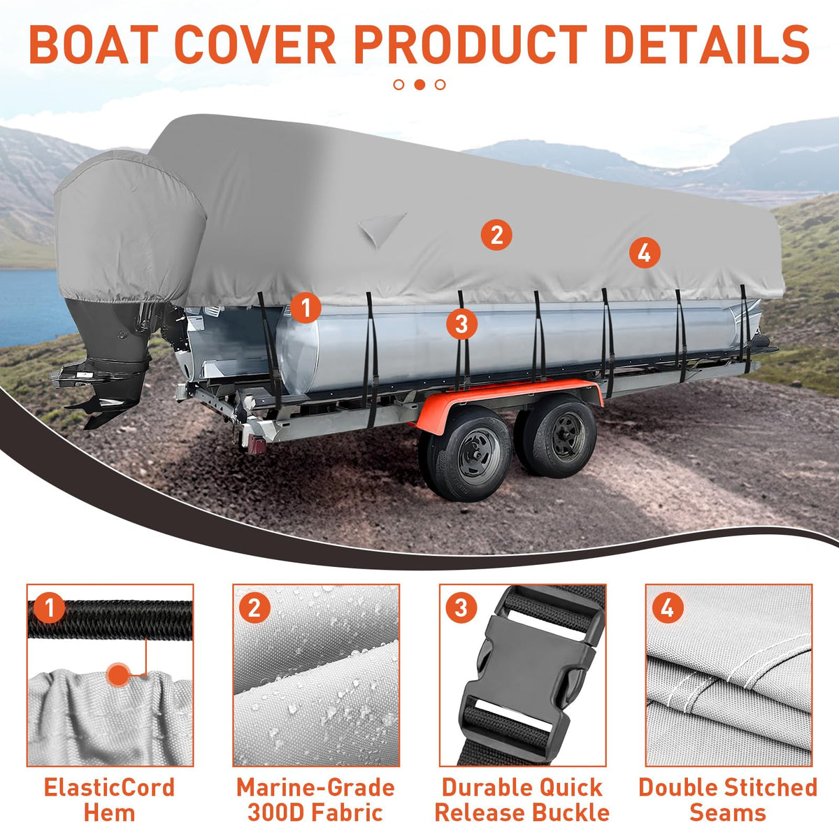 Housse robuste Garvee pour bateau ponton 17'-20', en tissu Oxford gris marin, pour remorques et entreposage, imperméable, sangles réglables