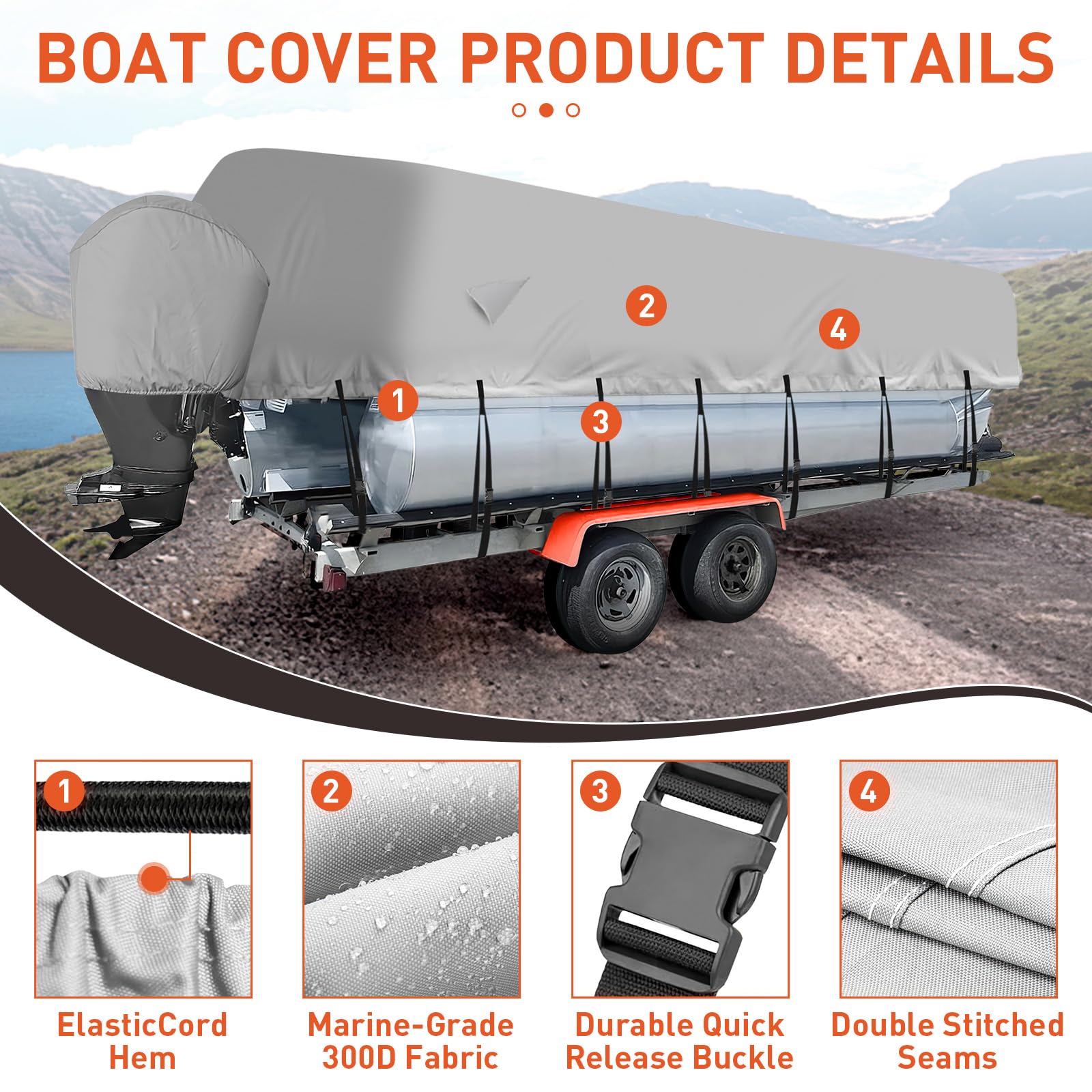 Housse robuste Garvee pour bateau ponton 25''-28'' en tissu Oxford marin 300D gris, pour remorques et entreposage, imperméable, coupe-vent, sangles réglables