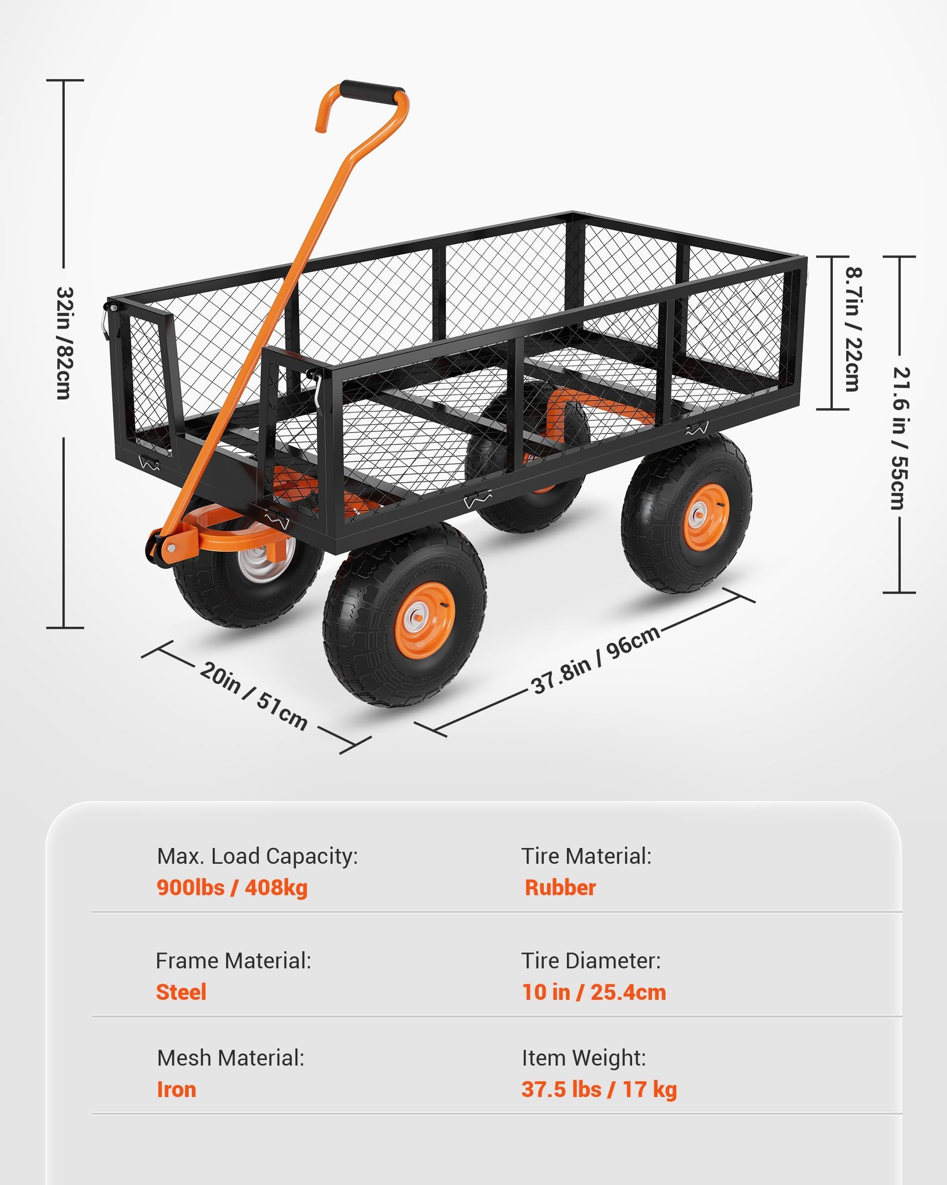 Garvee Chariot de jardin 3 en 1 en acier robuste, charge 408 kg, ridelles grillagées amovibles, pneus tout-terrain, poignée pivotante, 96 × 50 cm, noir et orange
