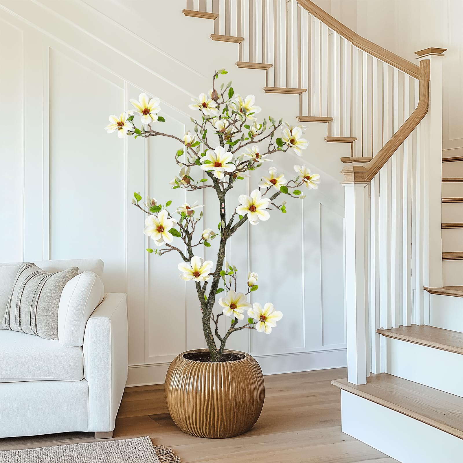 Garvee Plante artificielle de magnolia 150 cm en pot blanc, réaliste et durable, pour maison et bureau