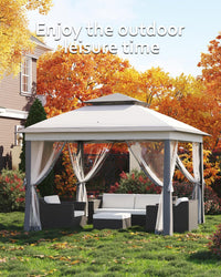Garvee Tonnelle de Jardin 335 x 335 cm, Double Toit, Moustiquaire, Structure Métallique Robuste, Toile Polyester Imperméable, Patio et Terrasse