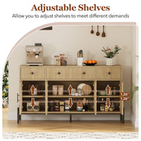 Buffet Garvee de 157 cm (62 pouces) avec 3 tiroirs et 4 portes vitrées, idéal pour la salle à manger et la cuisine. Bois robuste, tons naturels, étagères réglables et dispositif anti-basculement.
