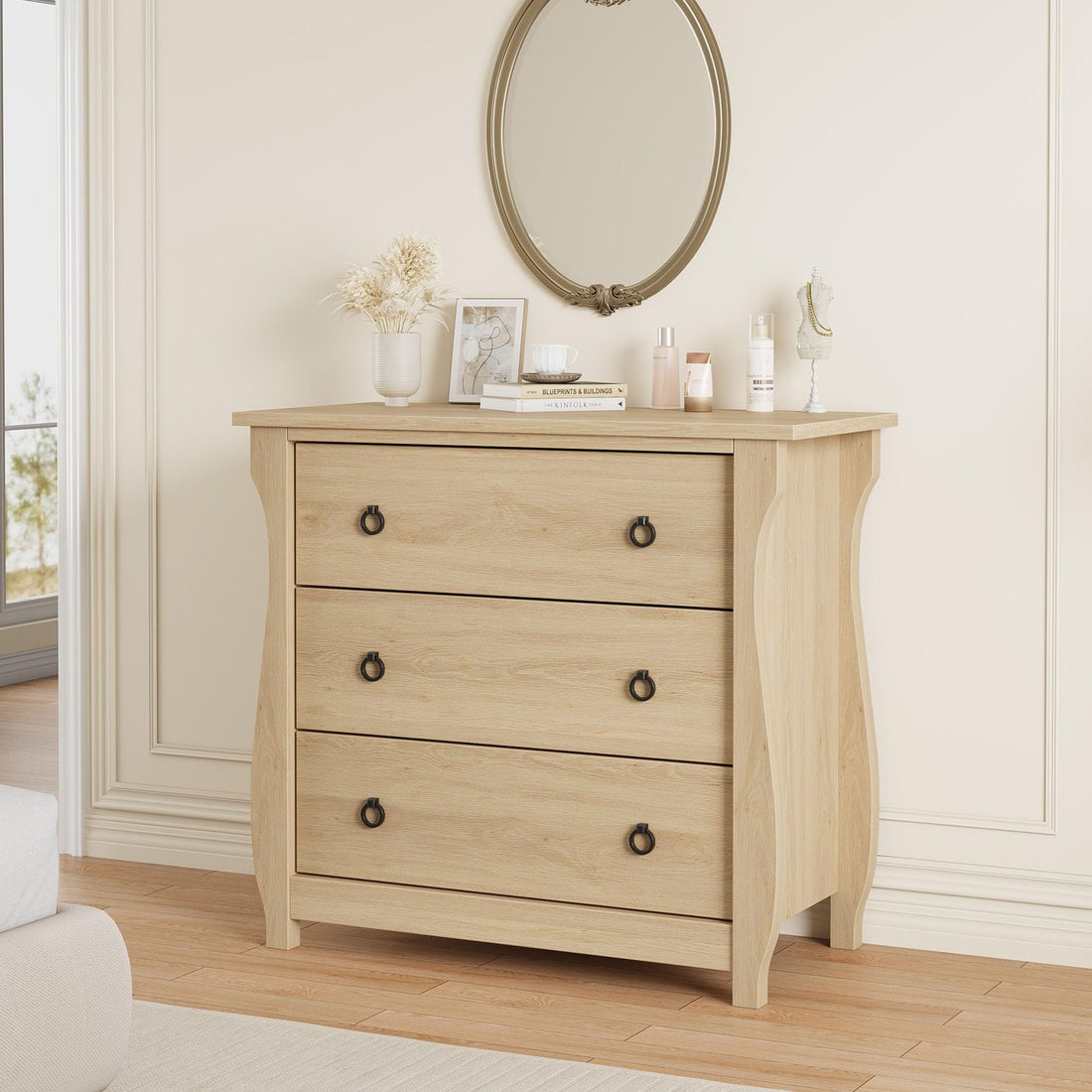 Commode Garvee à 3 tiroirs, meuble moderne en bois blanc avec poignées en métal noir, idéale pour le salon et la chambre, 76 x 40 x 74,5 cm