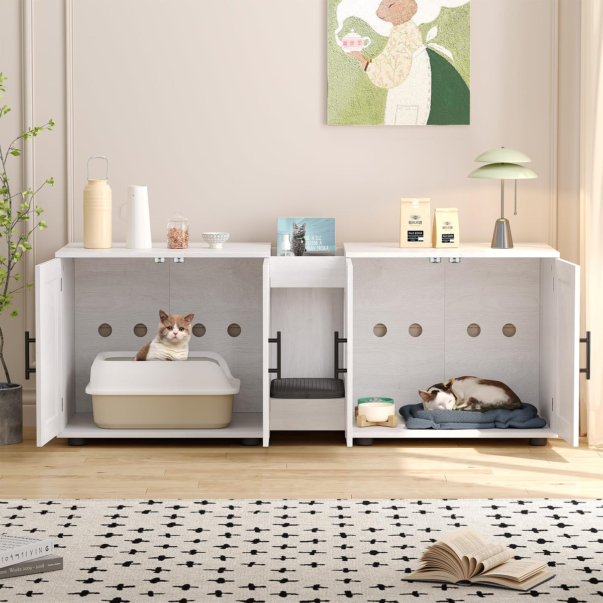 Garvee Enclos pour chat à double pièce avec mobilier intégré pour salon, 140cm (139,7cm) de long, blanc