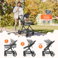 Garvee Poussette Bébé 2 en 1 S600, Assise Haute Vision, Système de Voyage Compact et Léger, Réversible, Pliable, Gris Clair