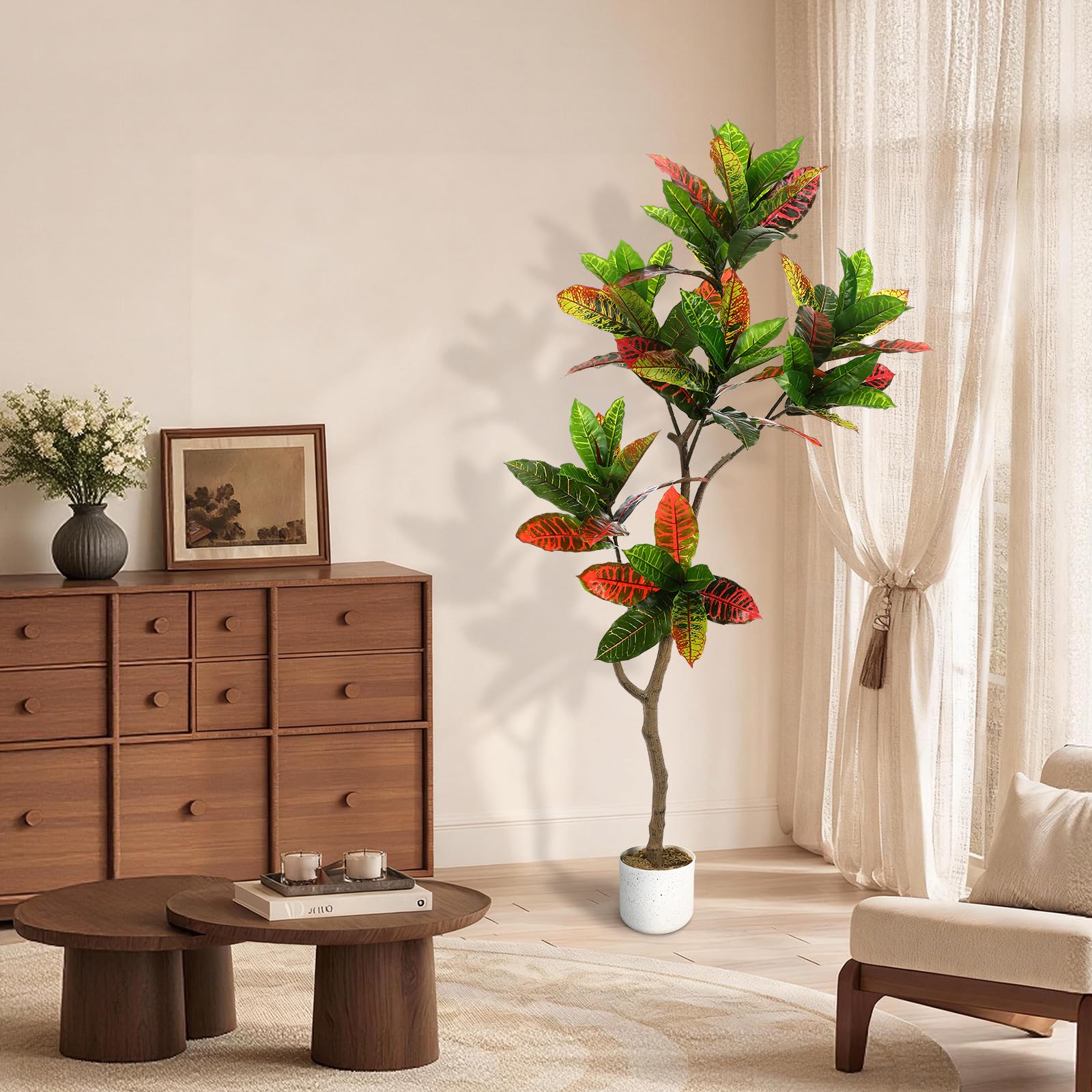 Ficus lyrata artificiel Garvee, 1,5 m, en PEVA, pot en ciment robuste, flexible, décoration intérieure pour salon ou bureau, vert réaliste