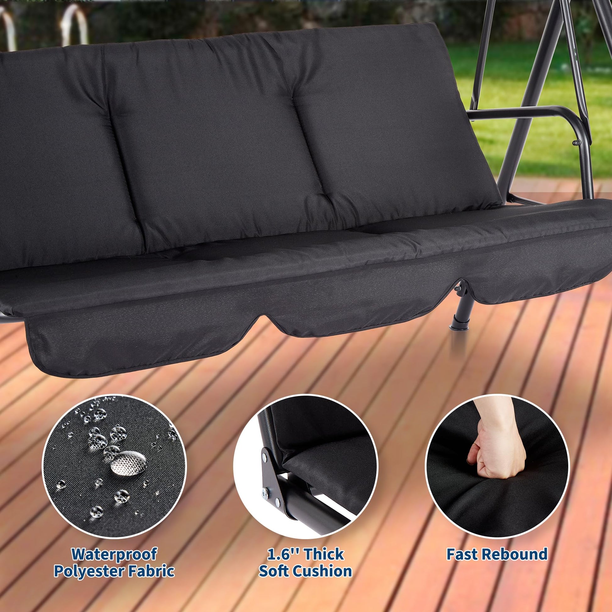 Balancelle d'extérieur Garvee, 3 places, avec auvent réglable anti-UV, coussins épais, structure en acier, résistante aux intempéries, pour jardin, terrasse, balcon