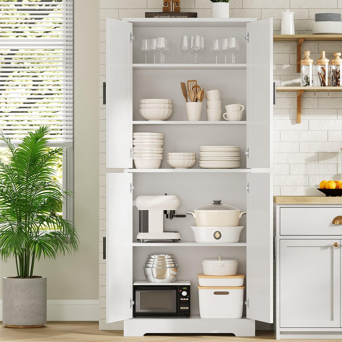 Armoire de cuisine Garvee de 178 cm de haut avec 4 portes et étagères réglables, en bois blanc, pour salle à manger, salle de bain, salon