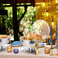 Garvee Lot de 4 chafing dishes ronds 4,7 L en acier inoxydable, couvercle en verre avec support, 42 × 41 × 28 cm, bords dorés, pour événements et camping