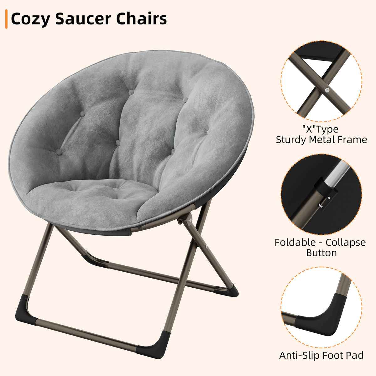 Fauteuil lunaire Garvee Saucer avec structure métallique pliable, coussin floral surdimensionné en peluche, confortable et stable pour la chambre et le salon, gris