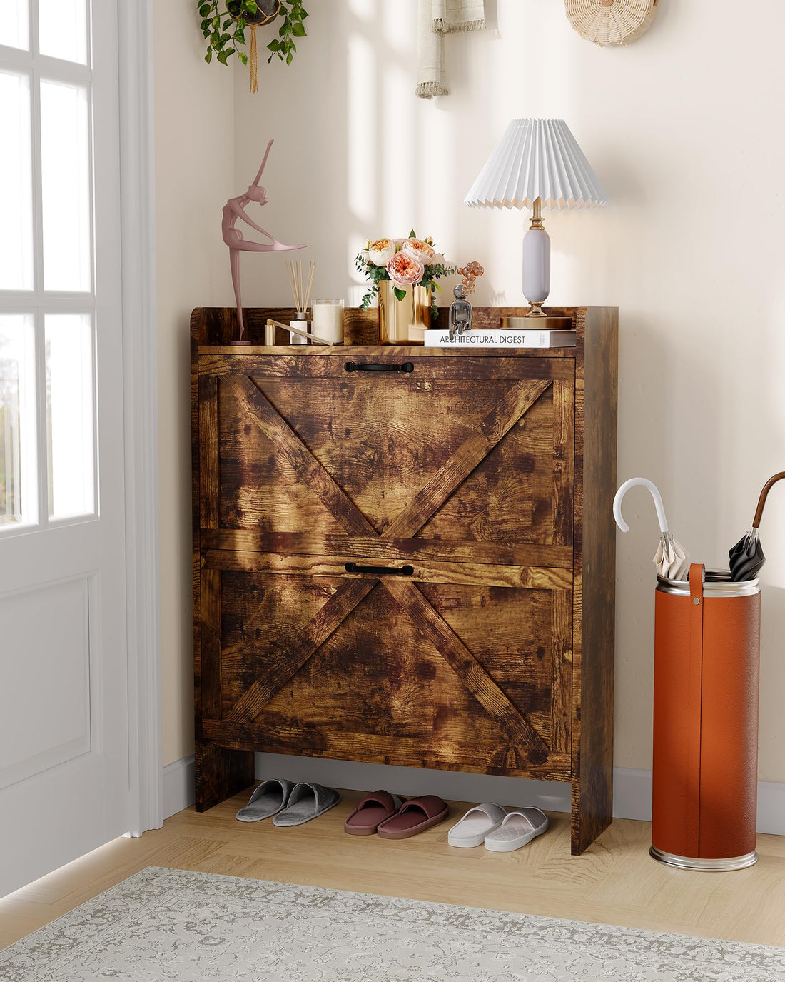 Meuble à chaussures Garvee avec 2 tiroirs pliables, style rustique marron, idéal pour l'entrée et le couloir, gain de place.