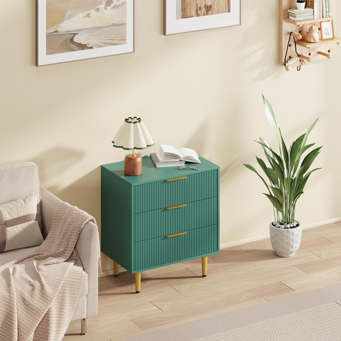 Garvee commode à 3 tiroirs, structure cannelée en MDF, poignées et pieds en métal, vert, protection anti-basculement pour la chambre et le couloir
