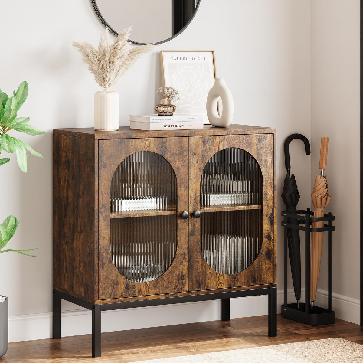Garvee buffet avec façade en verre et étagère réglable, 80 cm, pour salon et cuisine, brun rustique