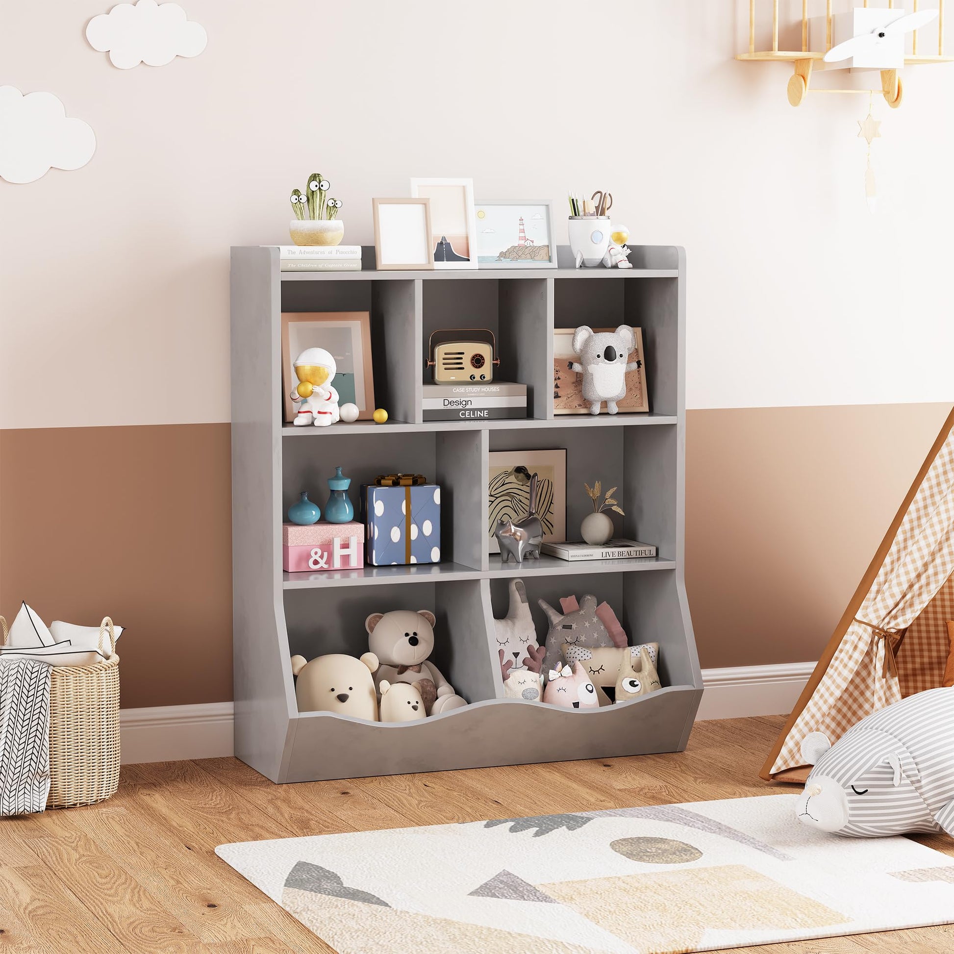 Meuble de rangement pour jouets Garvee gris pour enfants, étagère à 3 niveaux, robuste, anti-basculement, 5 étagères, chambre et salle de jeux, bois, gris