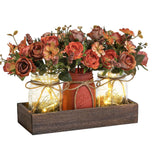 Ensemble de 3 bocaux Mason Garvee avec fleurs artificielles bleues, plateau en bois rustique et guirlande lumineuse pour la cuisine et le salon, 34,3 x 10,9 x 10,9 cm, bleu