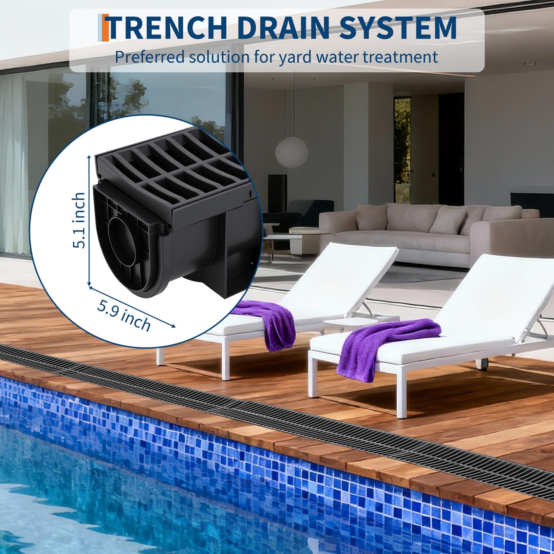 Système de caniveau Garvee en plastique PEHD, capacité de charge A125, grille en plastique, ensemble de 3 pièces pour jardin et terrasse