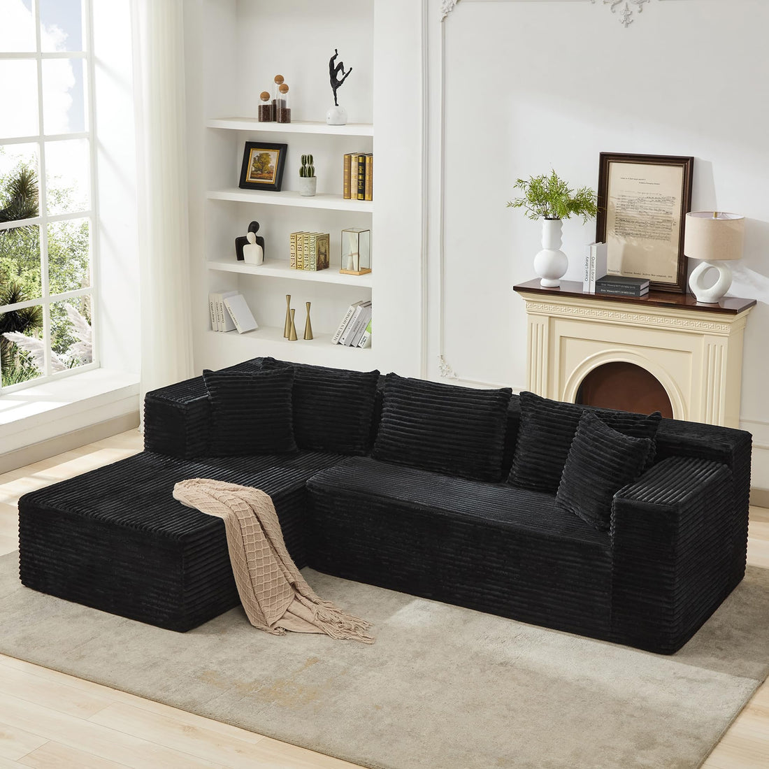 Canapé d'angle Garvee Cloud 106" avec méridienne en L, revêtement en velours côtelé, modulable, pour salon ou chambre, confort d'assise profond, beige