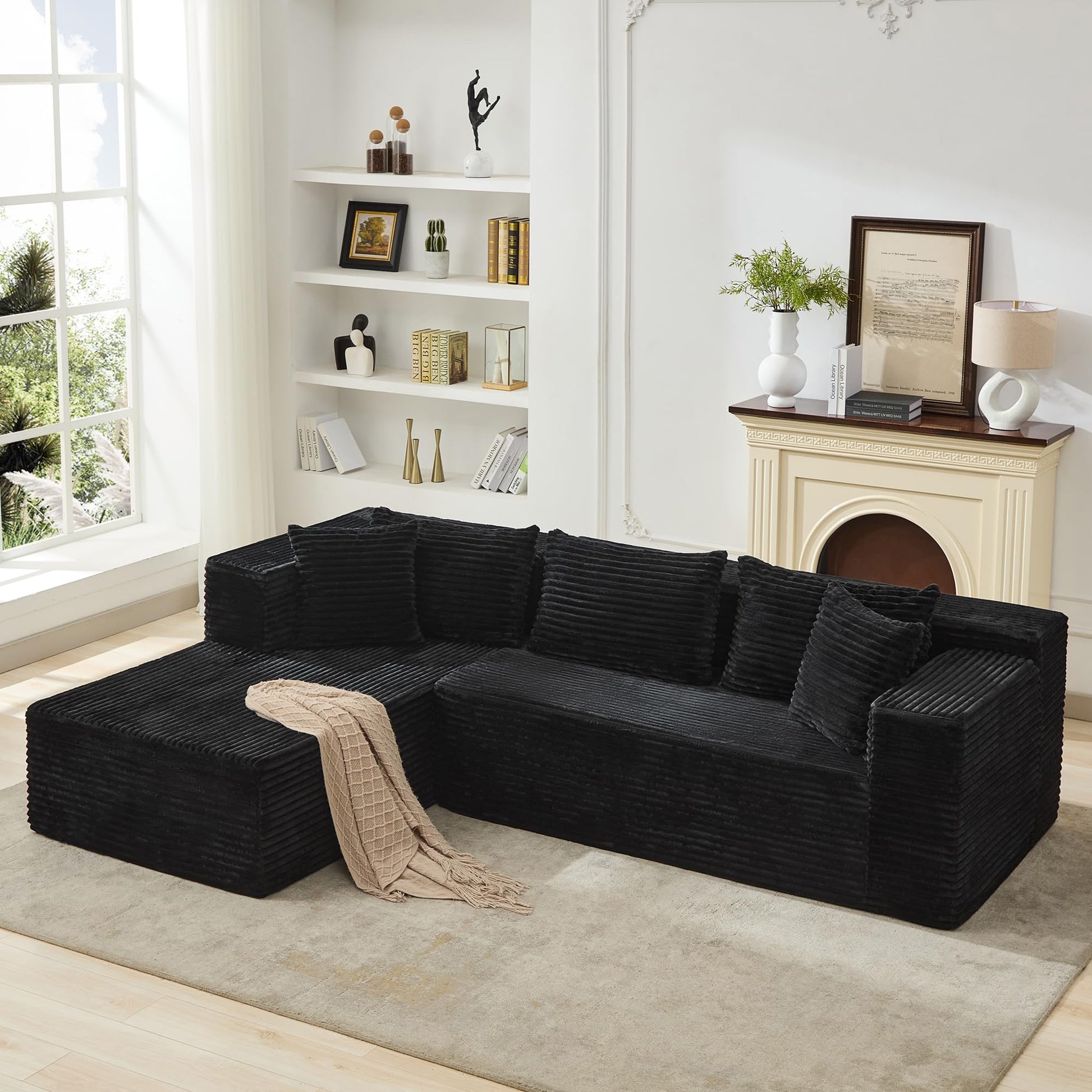 Canapé d'angle Garvee Cloud 106" avec méridienne en L, revêtement en velours côtelé, modulable, pour salon ou chambre, confort d'assise profond, beige