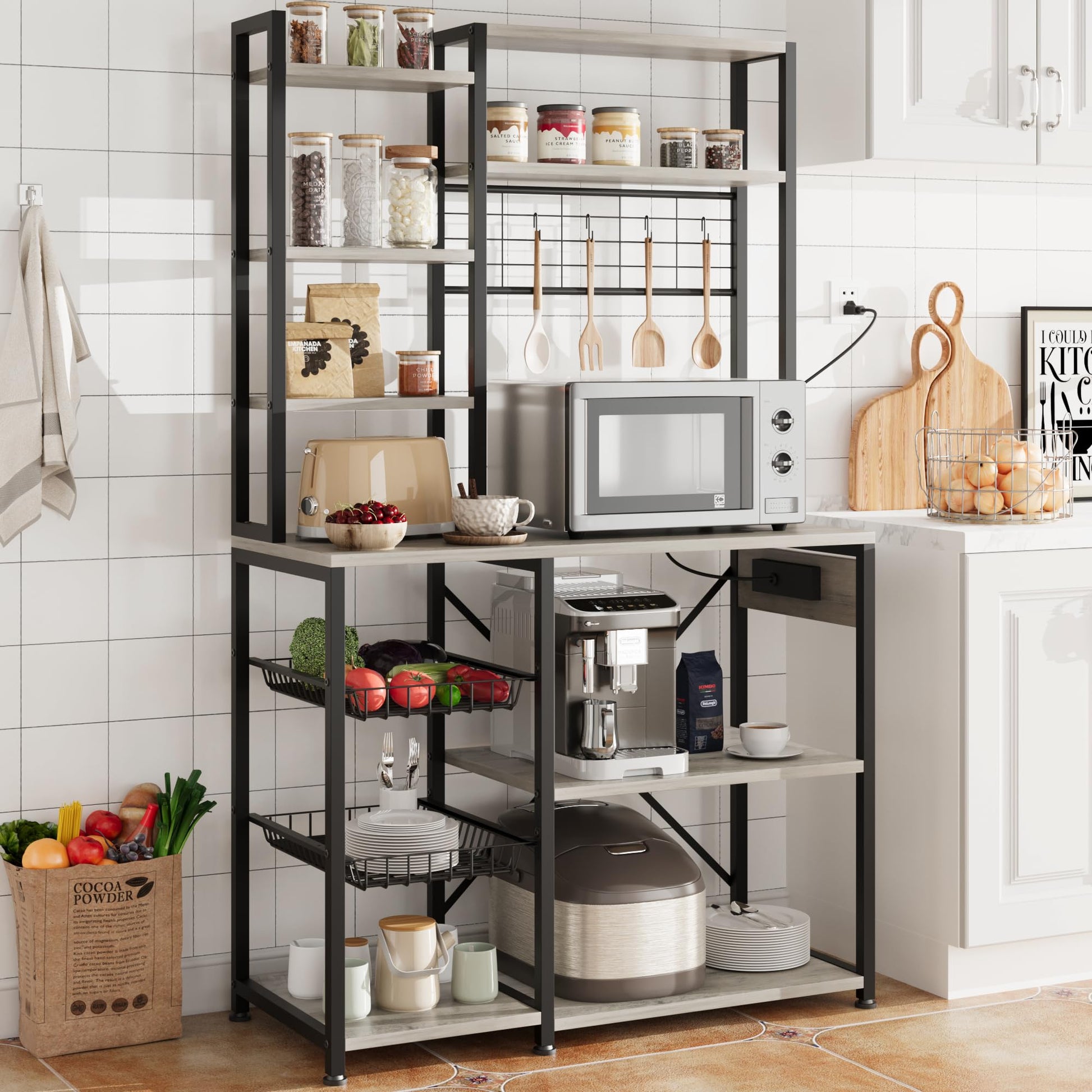 Étagère de cuisine Garvee Baker avec prise électrique, 7 niveaux, métal et bois, pour cuisine et coin café, grise, 90 x 40 x 178 cm