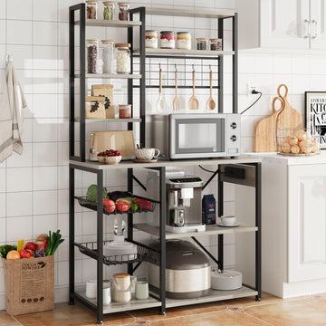 Étagère de cuisine Garvee Baker avec prise électrique, 7 niveaux, métal et bois, pour cuisine et coin café, grise, 90 x 40 x 178 cm