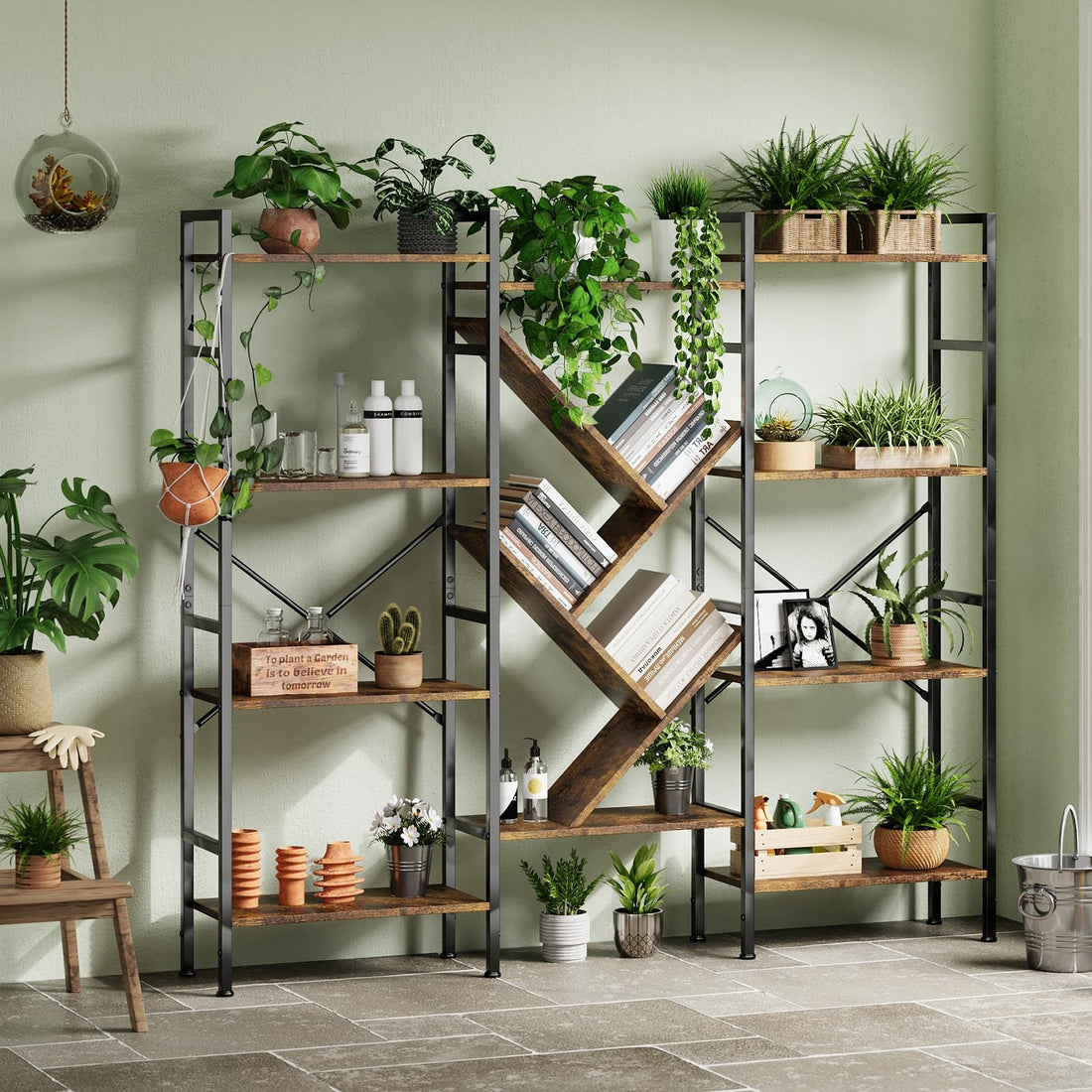 Garvee bibliothèque triple à 5 niveaux avec structure en acier, 11 étagères ouvertes, bois et métal, salon et bureau, 158 × 24 × 140 cm, noire