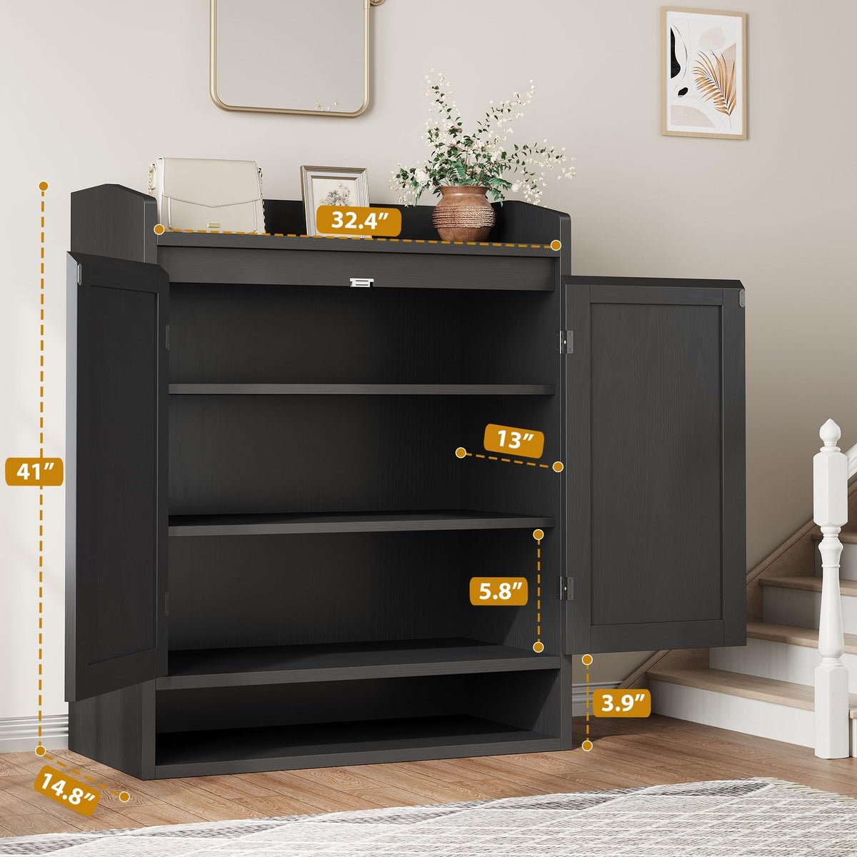 Garvee meuble à chaussures en rotin avec 2 portes, étagères réglables, 5 niveaux, MDF, noir, pour entrée et salon