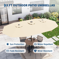 Garvee Parasol de Jardin 270 × 450 cm avec LED et Recharge Solaire, Protection UV, Toile Polyester Imperméable, Cadre en Fer Antirouille, Inclinaison Réglable