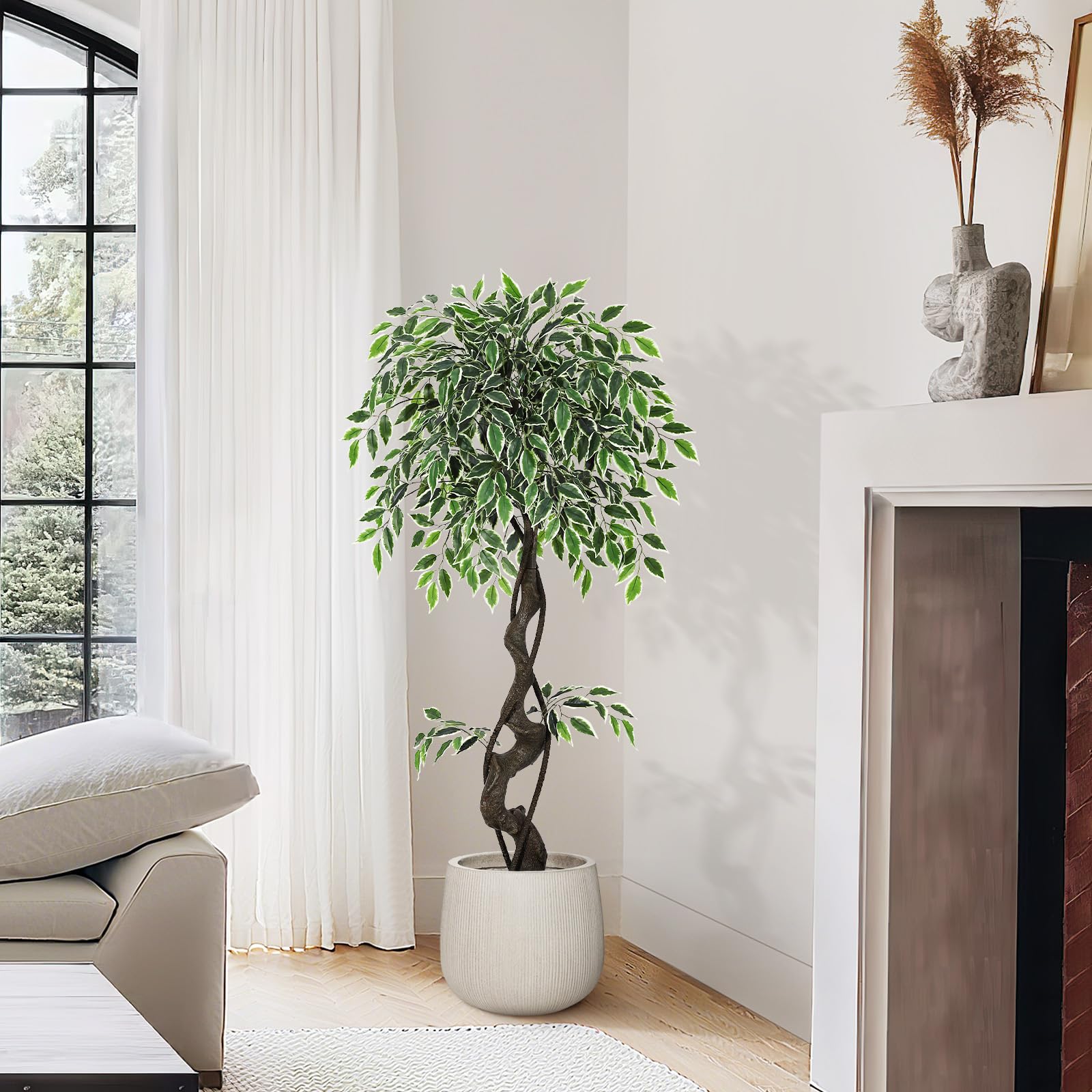Garvee Ficus artificiel panaché blanc 120 cm en PE durable, plante décorative réaliste pour intérieur et extérieur