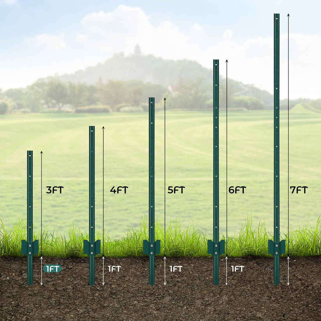 Garvee Poteau de clôture métallique de 91 cm (91 cm), profilé en U, acier robuste, revêtement en poudre vert, pour jardin et cour