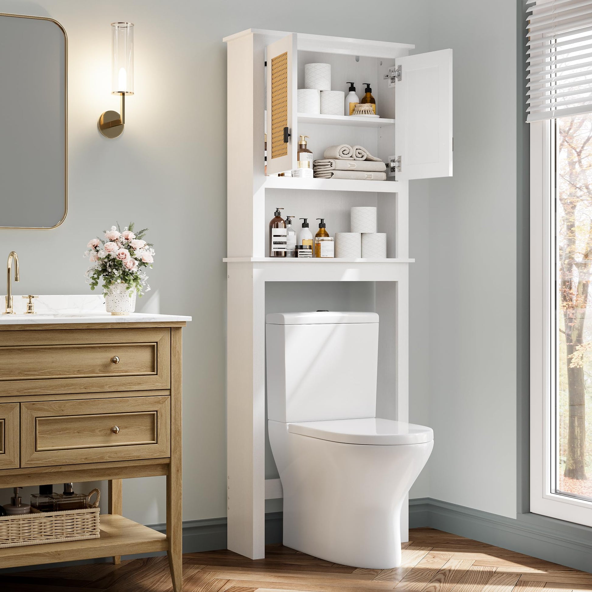 Meuble de rangement Garvee à suspendre au-dessus des toilettes, portes en rotin, étagère réglable, bois, blanc, pour salle de bain et buanderie