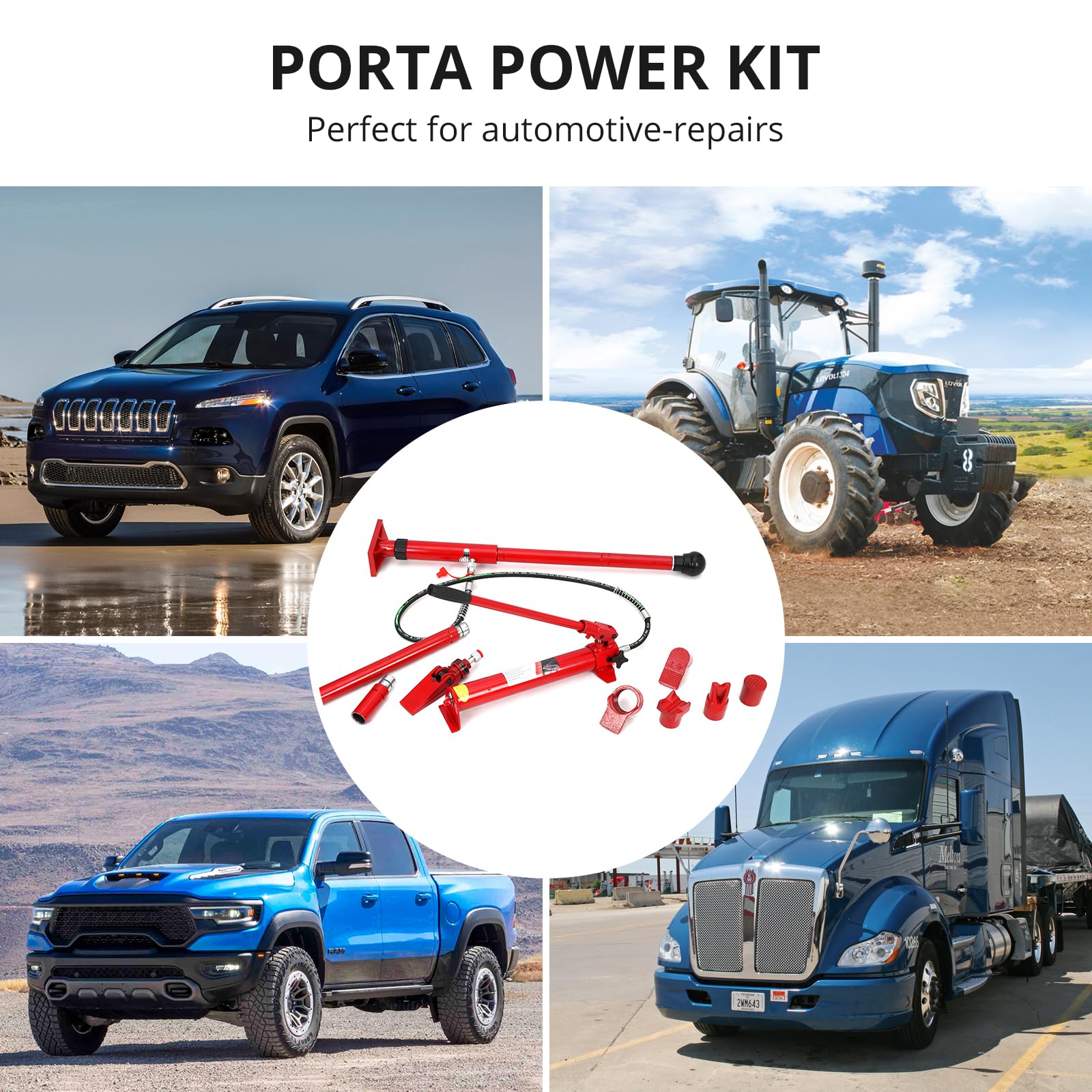 Kit de réparation complet Garvee Porta Power Kit 12T avec cric hydraulique, châssis en acier renforcé et mallette de transport. Idéal pour les ateliers et les chantiers. Robuste, polyvalent et compact.