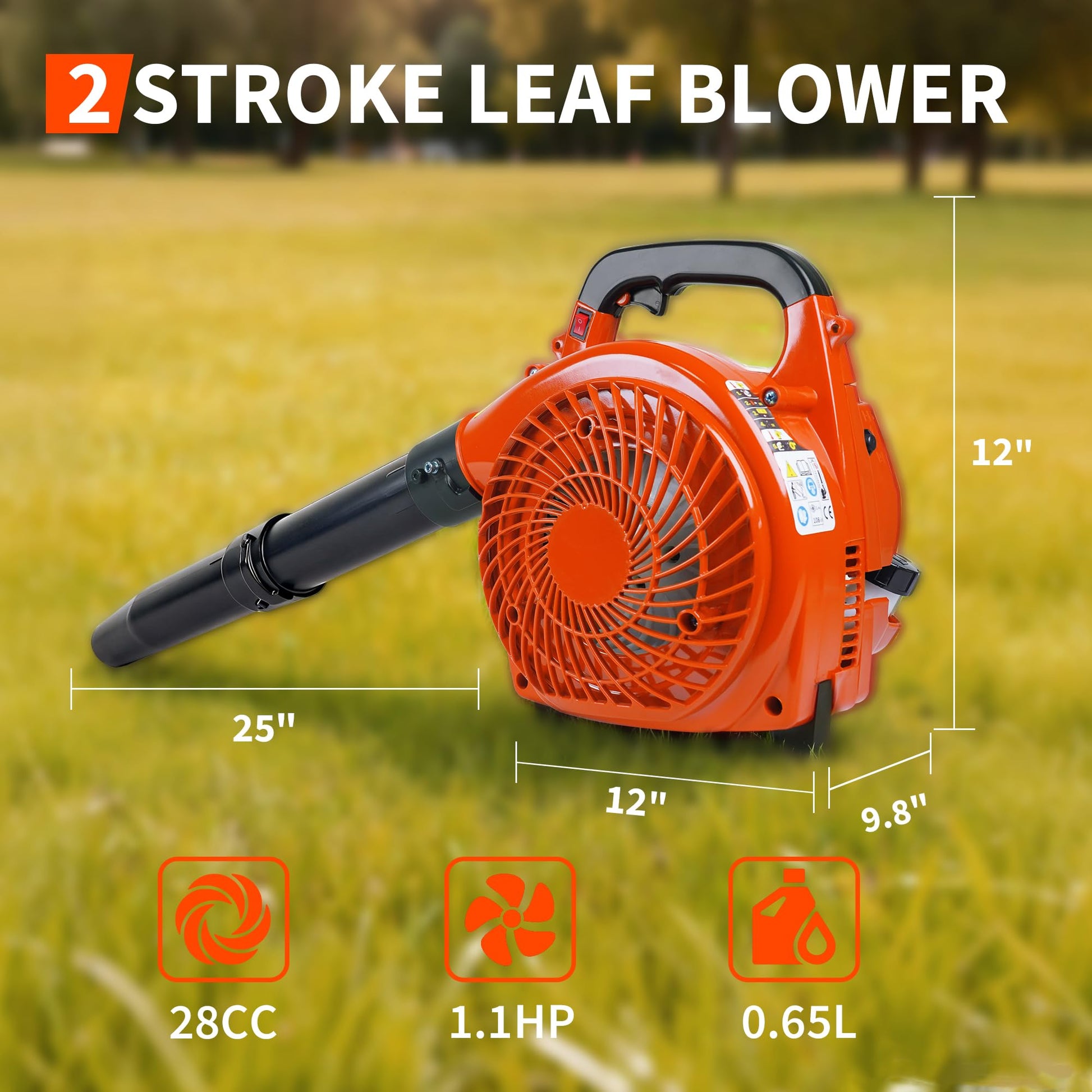 Souffleur de feuilles portatif à essence Garvee 28 cm³, 1,1 CV, 490 CFM, 290 km/h, pour jardin, cour, allée et neige, orange