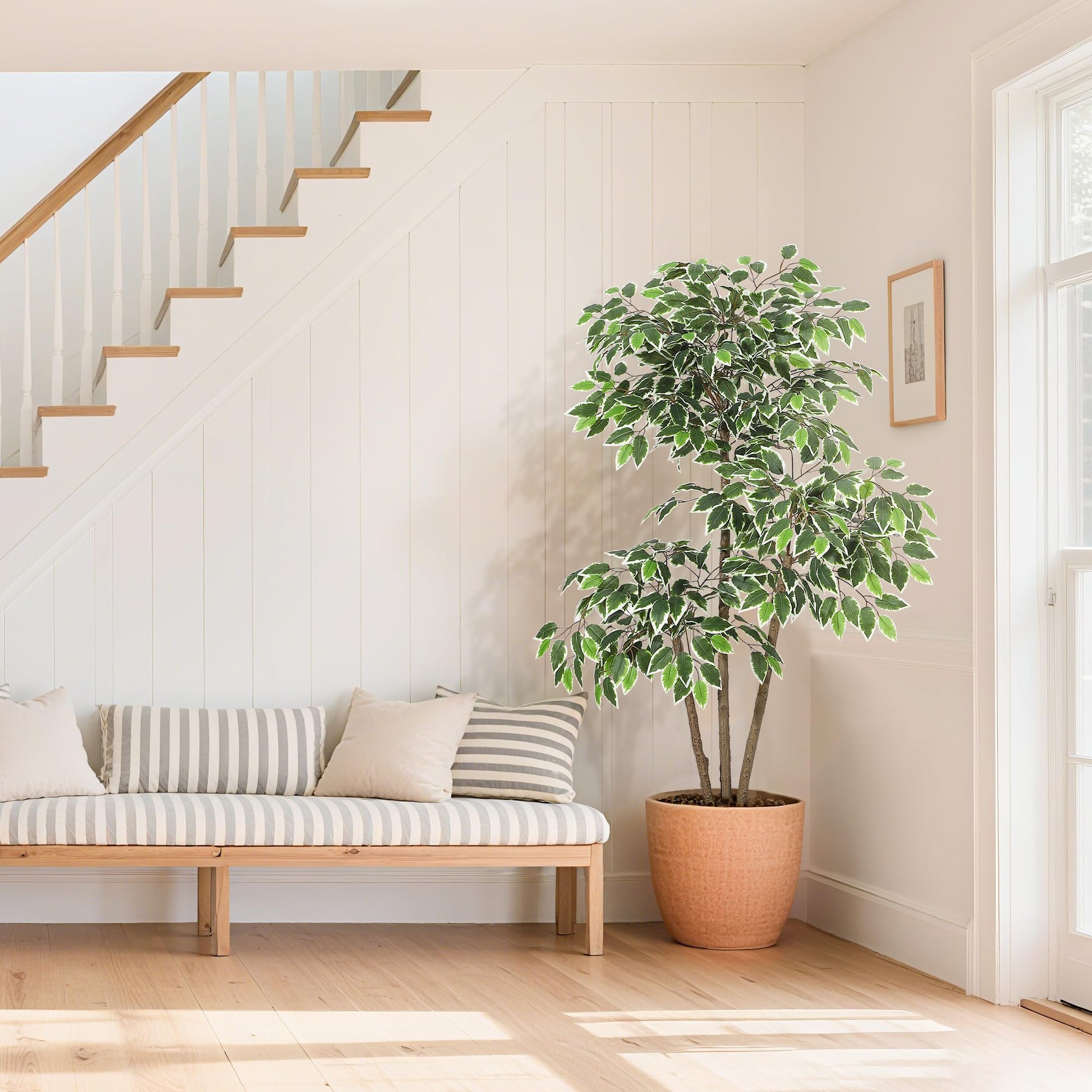 Ficus artificiel Garvee de 1,5 m avec pot haut blanc, tronc ajustable, idéal pour le salon et le bureau, blanc, base stable en terre cuite
