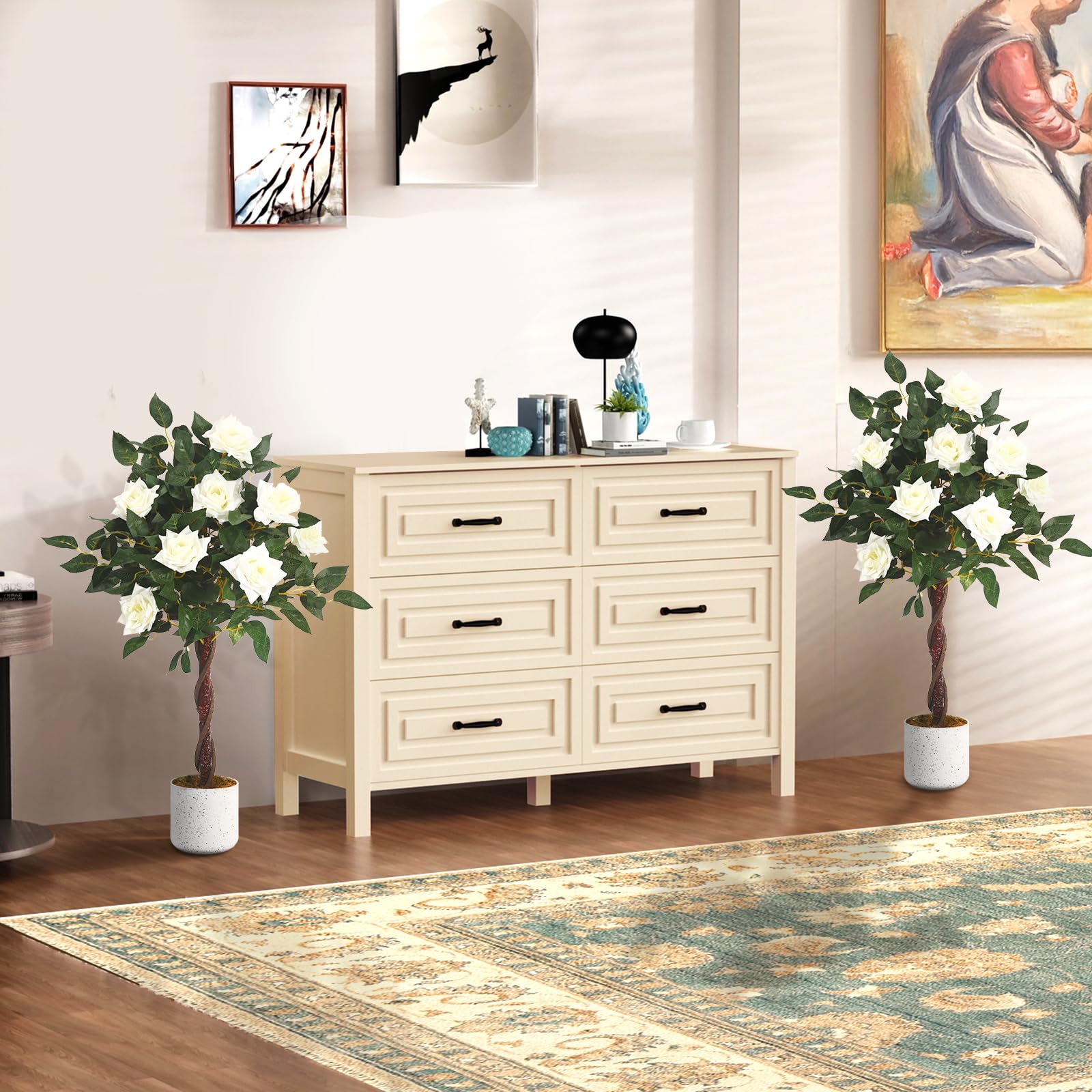 Rosier artificiel Garvee de 90 cm (lot de 2) avec roses blanches, facile d'entretien, en polyester, pot robuste pour la décoration du salon et du bureau