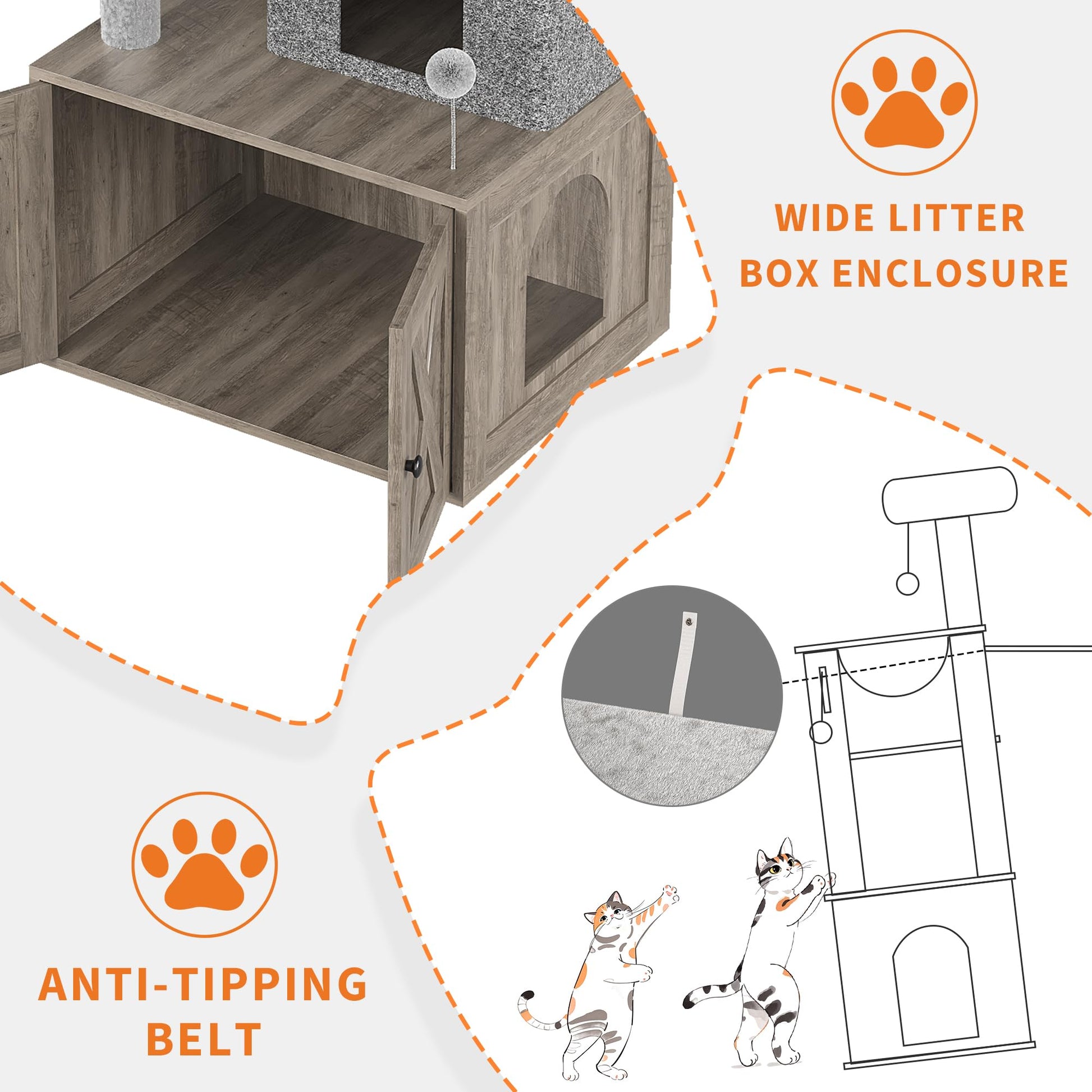 Enclos pour litière Garvee avec arbre à chat 2 en 1, mobilier pour chat en bois gris inodore, mobilier d'intérieur pour chat