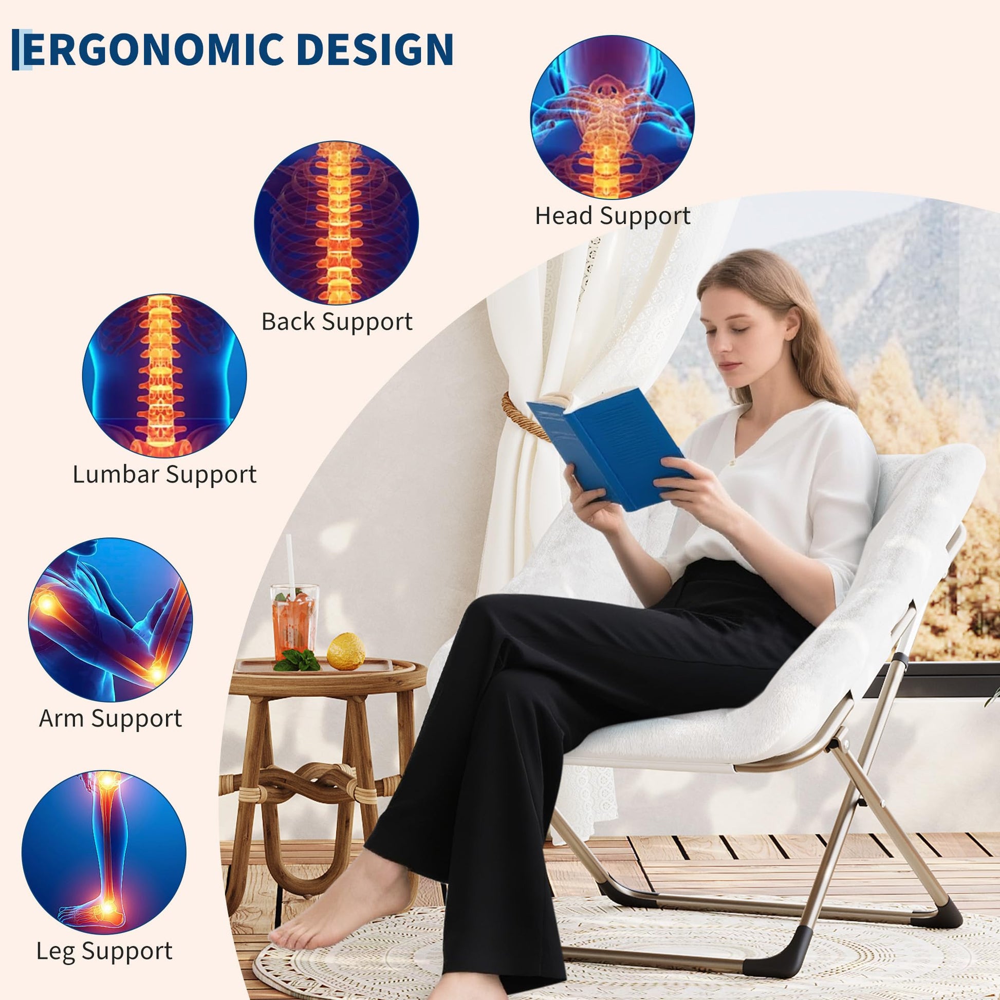 Garvee Fauteuil saucer pliable adulte avec coussin en fausse fourrure, dossier haut, structure en acier, compact et confortable pour appartement et chambre universitaire