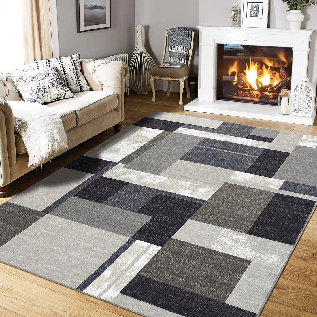 Tapis Garvee moderne bohème chic 160 x 230 cm, motif géométrique, lavable, antidérapant, marron, pour salon, bureau ou chambre.
