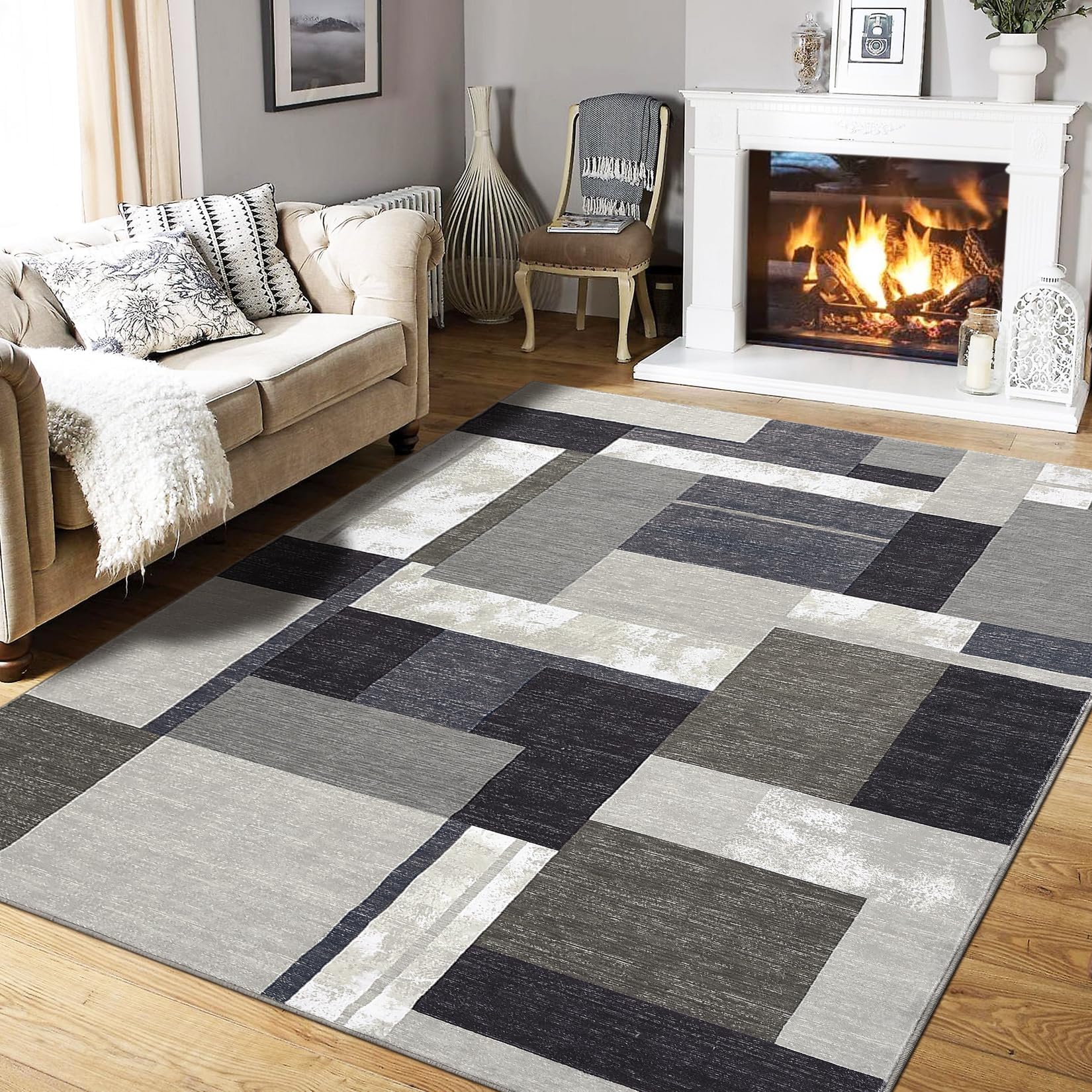 Tapis Garvee moderne bohème chic 160 x 230 cm, motif géométrique, lavable, antidérapant, marron, pour salon, bureau ou chambre.