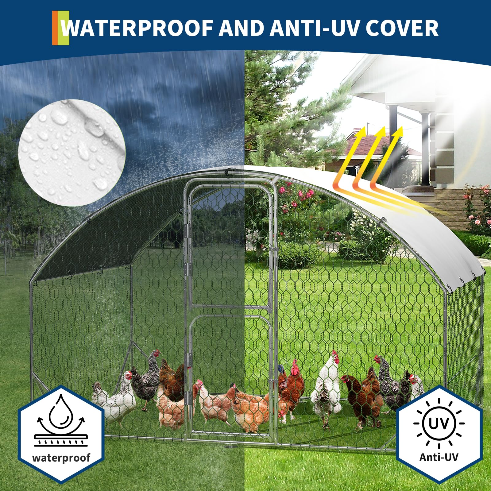 Poulailler Garvee grand format de 2 m (6,5 pi) en métal imperméable avec protection UV, double porte, structure triangulaire renforcée pour poules et canards, jardin