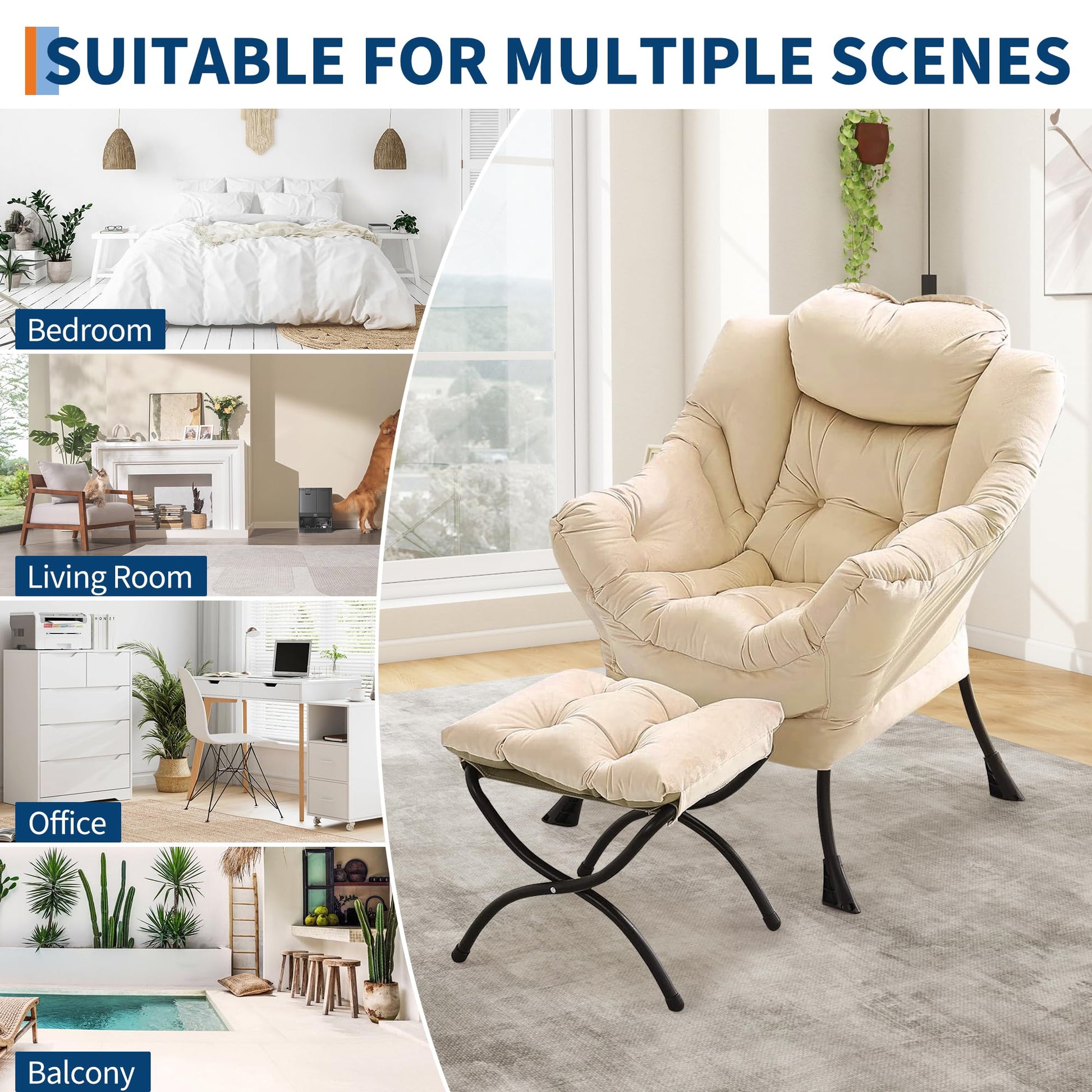 Fauteuil relax Garvee avec repose-pieds, ergonomique et robuste, revêtement en imitation fourrure de lapin, couleur champagne, idéal pour le salon ou le bureau.