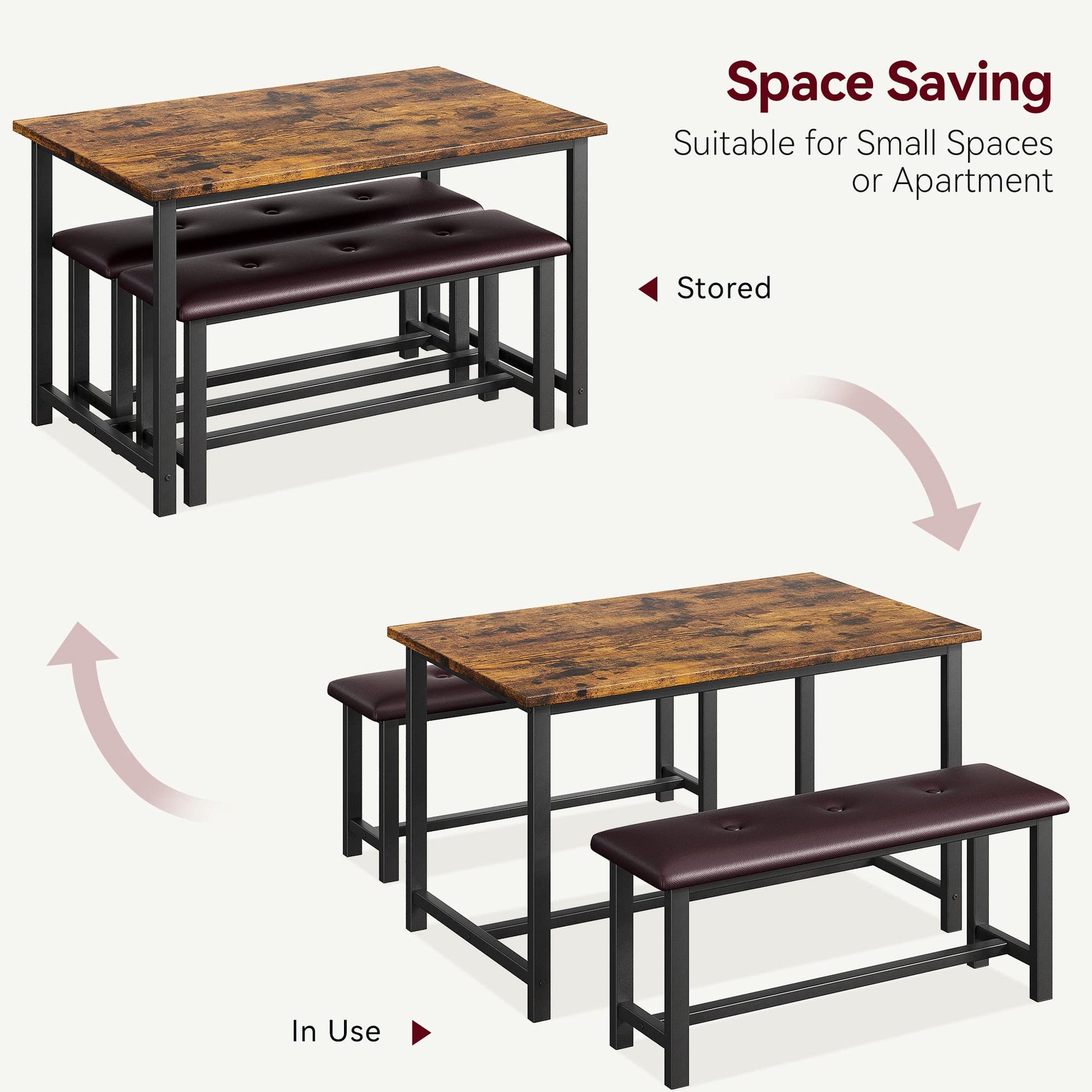 Ensemble table et chaises Garvee pour 4 personnes avec 2 banquettes rembourrées, rectangulaire, robuste en MDF et acier, gain de place, imperméable, idéal pour les petites pièces