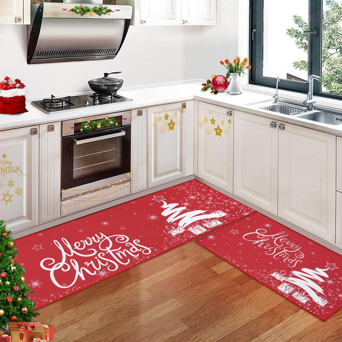Garvee Kerst Keukenmat Set 2 pièces Vlas Kerstboom Design antidérapant 40x60cm + 40x120cm Badkamer & Keuken Decor