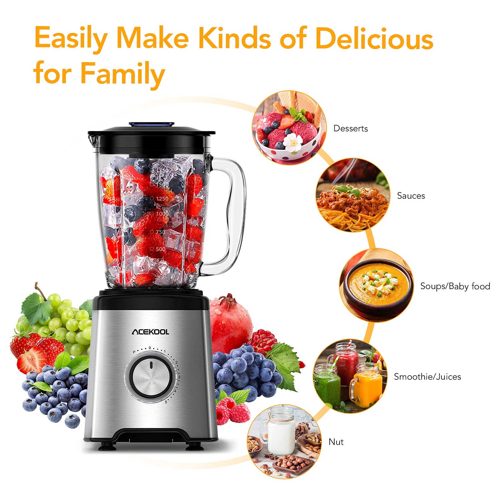 Robot pâtissier Garvee 800 W avec bol en verre de 1,75 L sans BPA, 6 lames en acier inoxydable, 5 vitesses, silencieux, noir