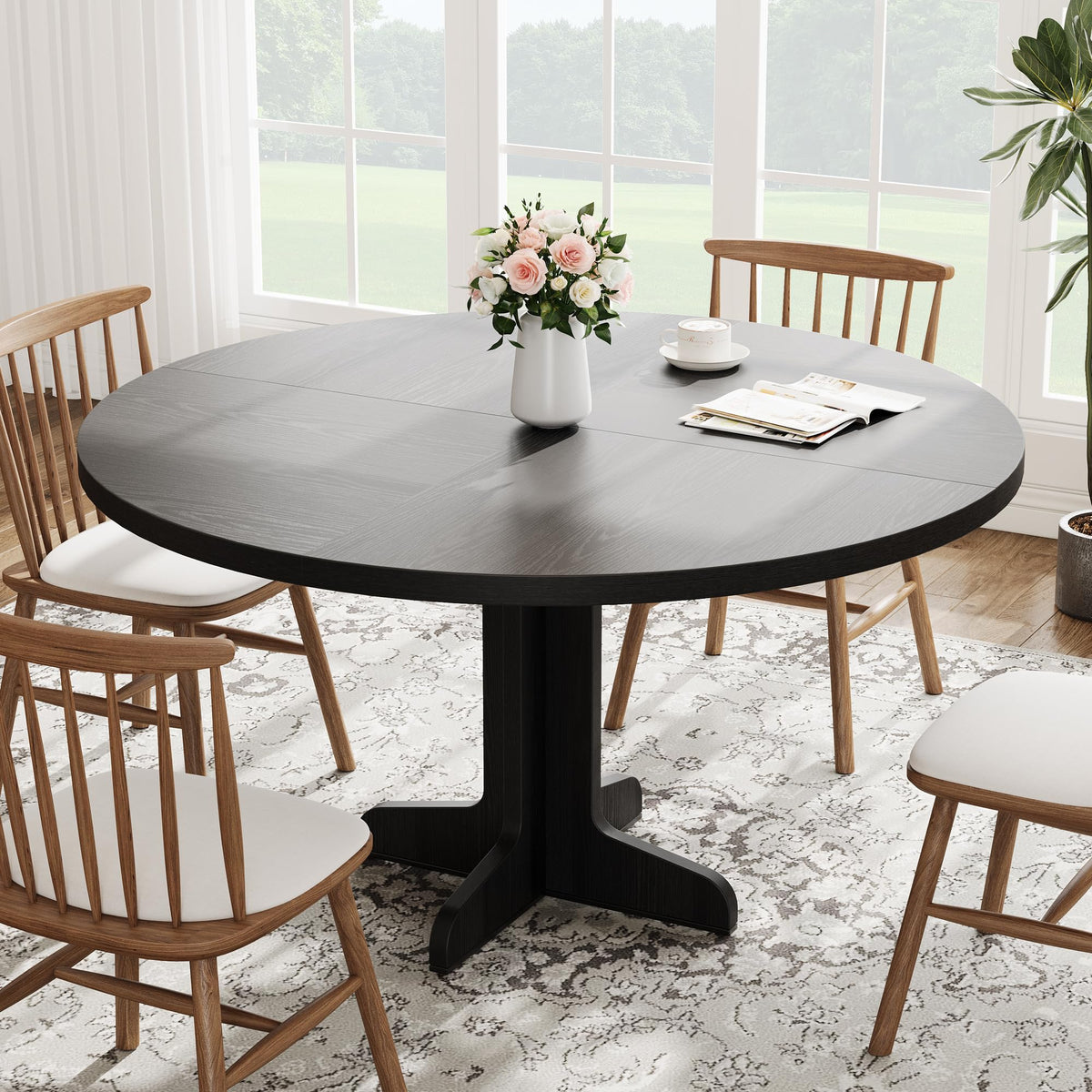 Garvee Table à manger ronde en bois 119 cm pour 4 à 6 personnes, structure robuste réglable, finition noire, idéale cuisine et salon