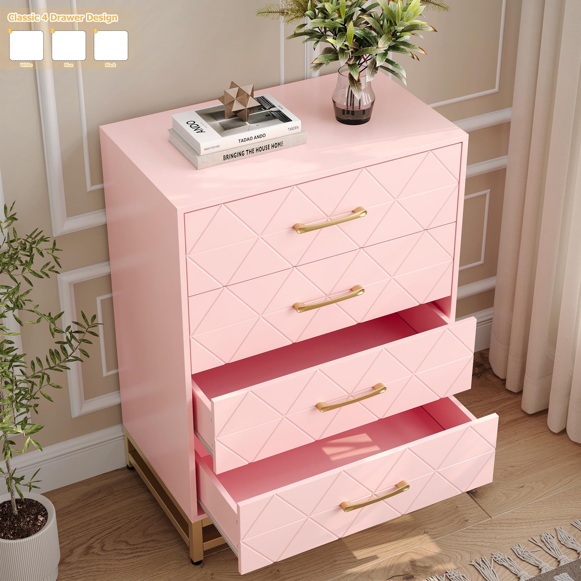 Commode Garvee à 4 tiroirs, poignées en métal, rose, bois, pieds en métal robustes, gain de place, pour salon et bureau