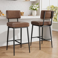 Ensemble de 2 tabourets de bar Garvee, 66 cm (26 po), similicuir, dossier ergonomique, pieds en métal, assise rembourrée, repose-pieds en forme de H, marron, pour îlot de cuisine et bar